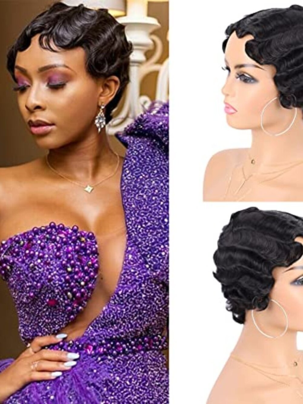 Wig Finger Wave Wig Short Mommy Hair Synthetic Curly Wigs for Black Women Lady‎